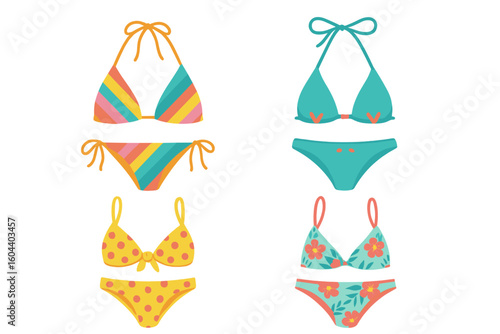 Colorful bikini vector set for summer beachwear design. Swimsuit fashion collection. Female swimwear illustration with floral, striped, polka dot patterns. Isolated.