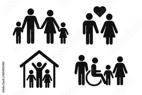 Family icon set of black silhouette pictograms. Parents, children, couples, and disabled person in wheelchair. Concepts of love, home, parenting, relationships, community.