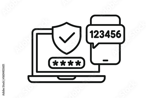 Two factor authentication icon. 2FA, MFA. Multi-factor authentication concept. SMS code verification. Laptop and smartphone with password. Login, secure user authentication.