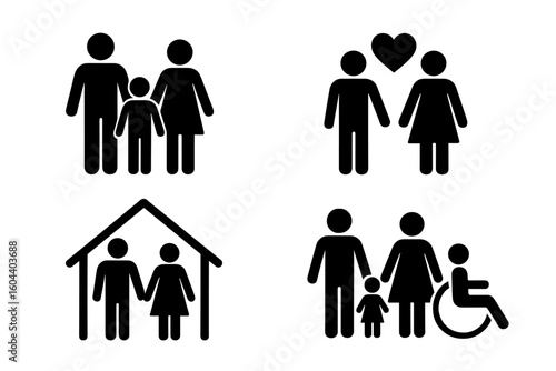 Family icons set. People pictograms. Parents, children, couple with heart. Man, woman, kid. Family with disabled child in wheelchair. Home symbol. Relationship love.
