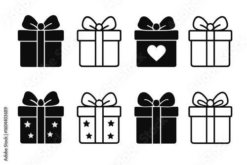 Gift box vector icon set. Present silhouettes and outlines with bows, hearts, and stars. Holiday, birthday, and celebration graphic elements. Surprise package symbol.