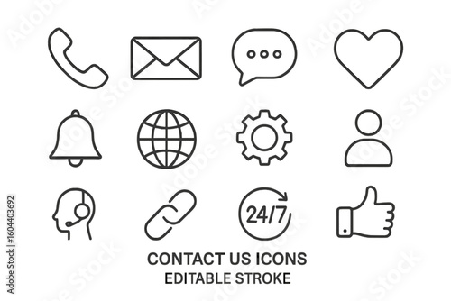 Contact us bold line icon set with editable stroke. Communication symbols for customer service, phone, email, chat, social media, global support and connection. 24-7 help.