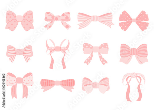 Large set of 12 elements. Elegant pink bows with polka dots and stripes. Vector illustration on a white background.