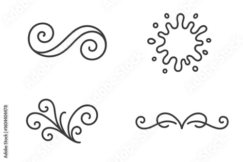 Elegant swirl ornament, ink splatter, and flourish divider vector set. Collection of 4 outline style design elements. Minimalist calligraphic scrolls for decoration.
