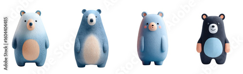 Pack of cute cartoon bear figurines, digitally generated. Adorable, happy, plush, mascot, kawaii, cheerful, 3D render, cartoon, sweet, animal.