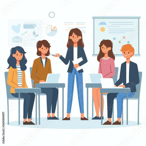 Image of students presenting with a simple and minimalist flat design using a white background