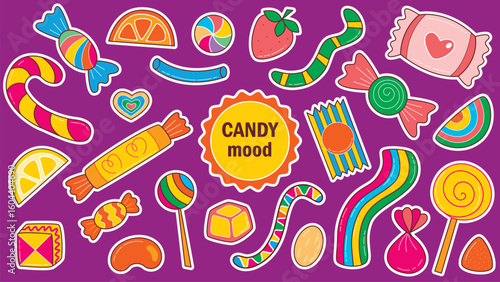 Bright stickers candy mood set. Caramel, lollipops, chewing gum, lollipops and chocolates. Colorful kids sweets collection, vector graphics