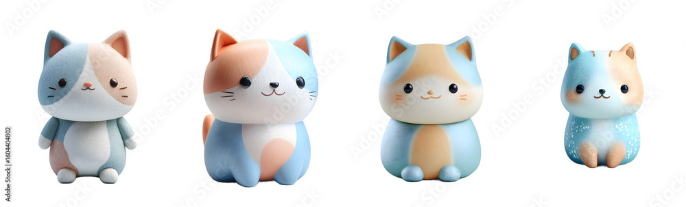 Fototapeta premium Pack of cute cartoon cats sit upright. Adorable, animal, plush, pastel, digital art, kawaii, toy, sweet, happy, cheerful, friendly, childlike, playful.