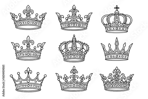 Crown line art collection. Royal luxury authority symbols. Intricate heraldic crown design for logo, branding. King, queen, princess icons. Monarchy vector element set.