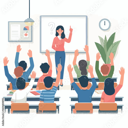 image of a teacher asking a question and students raising their hands with a simple and minimalist flat design using a white background