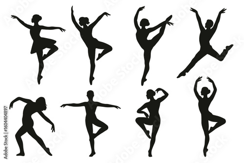 Dancer silhouettes set. Classical ballet and contemporary modern dance positions. Vector collection of black female figures. Ballerina poses, graceful elegant movement.