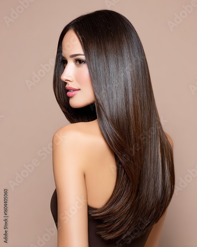 long straight hair beauty portrait of woman with healthy shiny style, elegant model showcasing smooth long straight hair for fashion and salon concepts