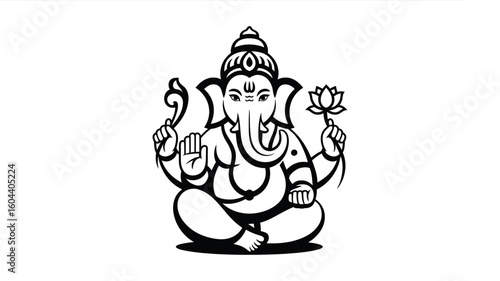 Monochrome illustration of Hindu god Ganesha meditating in lotus position. Suitable for spiritual designs, meditation and yoga visuals, and cultural projects.