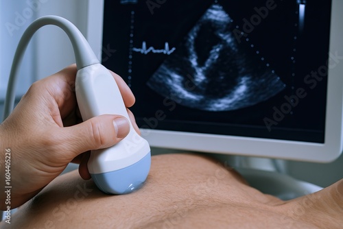 A heart ultrasound scan provides real-time images of cardiac function. A medical professional performs an ultrasound scan on a patient's abdomen