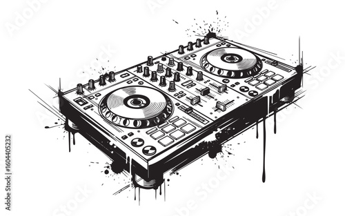 dj player machine woodcut engraving vector illustration