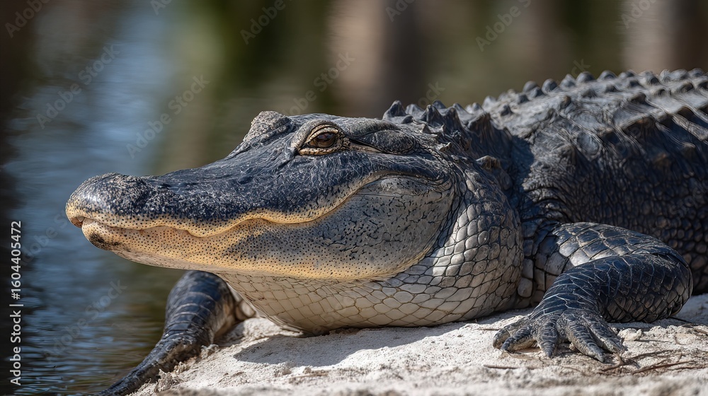 Fototapeta premium An alligator resting on a sandy shore near the water, showcasing its textured skin and calm demeanor in natural sunlight.