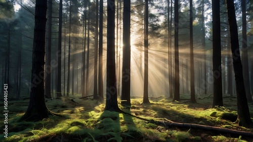 Sunbeams Piercing a Misty Forest