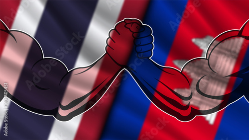 Vector blurred wavy national flags of Kingdom of Thailand and Kingdom of Cambodia. Confrontation between asian countries. Political and economic banner. Powerful muscular arm wrestling