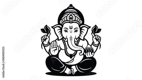 Illustration of the Hindu god Ganesha in black and white. Perfect for spiritual designs, cultural projects, and religious publications.