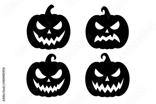 Halloween pumpkin vector set of 4. Spooky jack o lantern faces with scary expressions. Carved pumpkin silhouette for decoration. Creepy, evil smile icon for October.