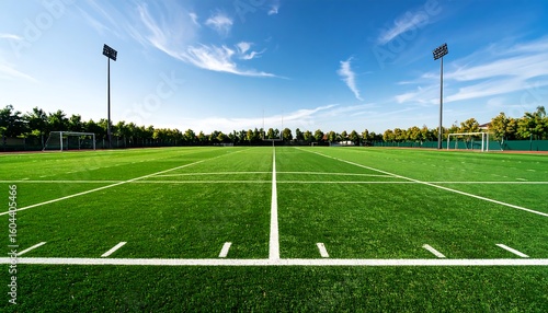 Wide shot of a well-maintained artificial turf football field