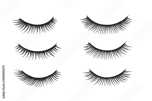 Realistic False Eyelashes Vector Set, Isolated on Transparent Background. Glamour Eyelash Extension Collection. Natural and Dramatic Lash Styles for Beauty, Makeup, Salon, Fashion, Cosmetic Design