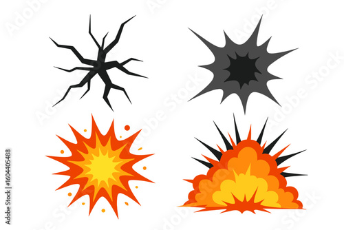 Explosion vector set featuring crack, bullet hole, and burst graphics. Cartoon bomb blast and fire. Comic book boom and bang effects. Damage and impact icons collection.