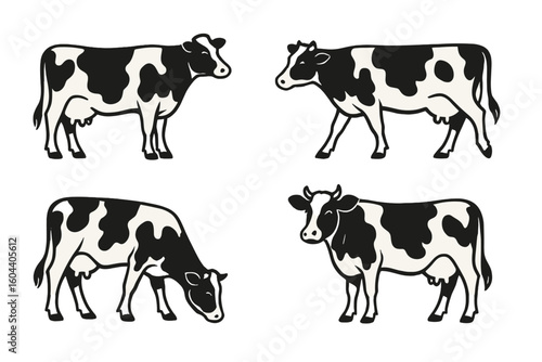 Cow vector illustration set. Collection of dairy cattle in different poses: standing, walking, grazing. Farm animal icon for logo design. Black and white livestock graphic.