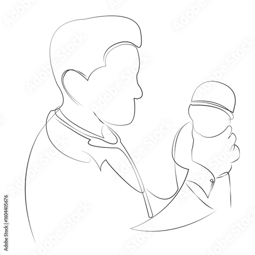 One continuous line drawing on white isolated background. Minimalism linear illustration. newborn, hospital, doctor, care, childbirth, nurse, baby - human age, medicine