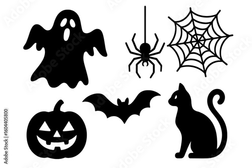 Halloween silhouette icon set. Spooky ghost, spider, bat, cat, pumpkin, web vector collection. Scary horror characters for holiday party decoration. Flat design elements isolated.