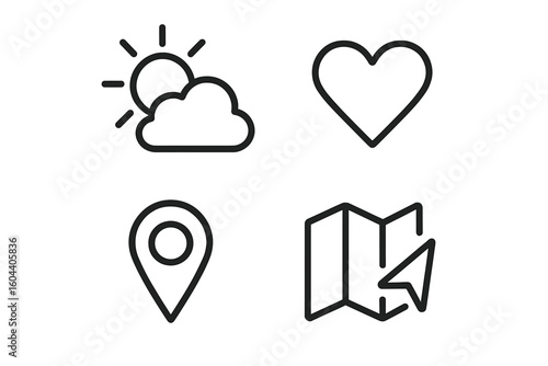 Vector icon set for travel, weather. Hand drawn line art symbols. Heart, map pin, navigation, sun, cloud. UI UX element for web design. Minimalist sign collection.