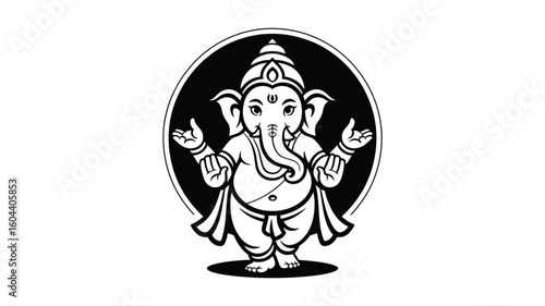 Black and white cartoon Lord Ganesha illustration, ideal for religious designs, educational materials, meditation content, and cultural projects.