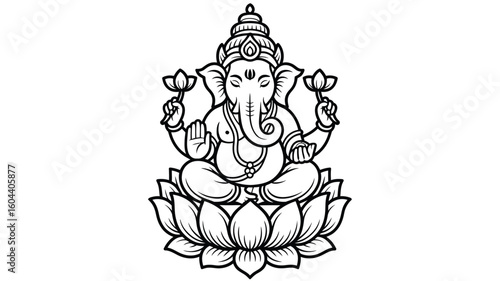 Black and white Ganesha deity drawing for spiritual designs, cultural themes, tattoo inspiration, and decorative purposes in various projects.