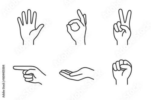 Hand gesture vector line art collection. Set of isolated outline icons. Peace sign, ok symbol, pointing finger, protest fist, support palm. Communication concept.
