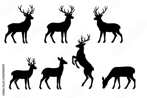 Set of black deer silhouettes. Collection of wild animal vector icons. Stag, buck, and doe in different poses. Forest wildlife graphic elements for design projects. Isolated.