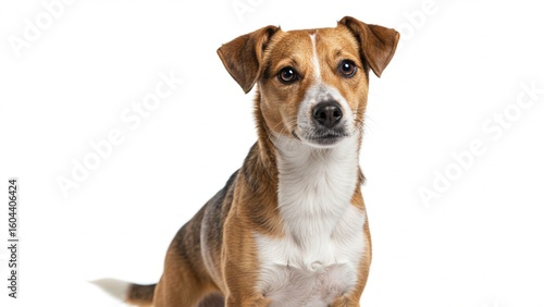 Alert mixed breed dog standing proudly on white background, studio portrait, advertising style