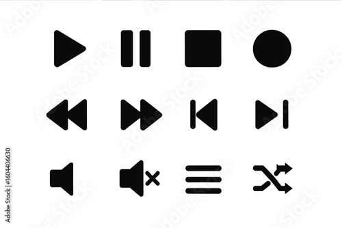 Media player control icon set. UI UX kit for web and mobile app design. Play, pause, stop, record, next, previous, shuffle button symbols. Flat simple vector glyphs.