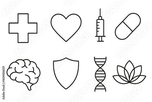 Healthcare icon collection with medical symbols. Line art for cardiology, pharmacy, neurology, genetics. Cross, heart, pill, brain, DNA, and shield for protection.