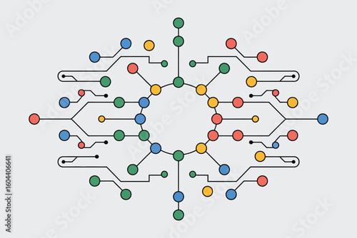 Abstract circuit board design with colorful nodes and connections arranged in a symmetrical pattern