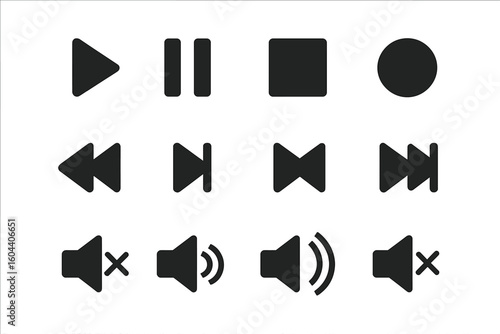 Media player control icon set. Flat vector buttons for web and app interface design. Play, pause, stop, record, next, previous, volume up, down, mute. Audio video UI UX kit.