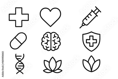 Medical icon outline vector set for healthcare concepts. Thin line symbols for medicine, cardiology, mental health, pharmacy, genetics. Includes cross, heart, brain, DNA, pill.