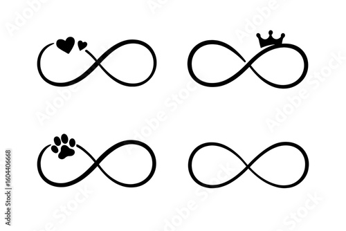 Infinity symbol vector set. Black elegant curves for logo design, branding, wedding. Eternity sign with heart, crown, paw print. Love, royal, pet concept icon.