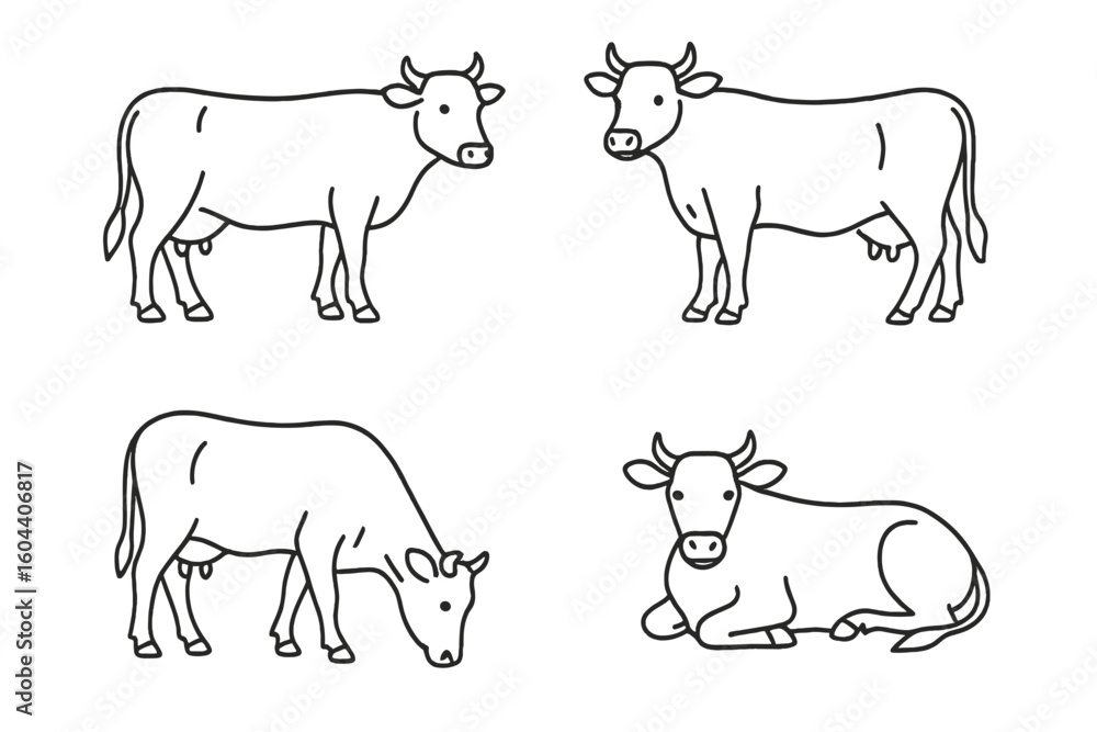 Cow outline set. Farm animal vector illustration. Collection of cows in various poses: standing, grazing, lying down. Dairy, agriculture, livestock simple line icon. Cow outline set. Farm animal vector illustration. Collection of cows in various poses: standing, grazing, lying down. Dairy, agriculture, livestock simple line icon.