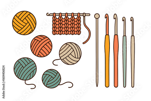 Knitting and crochet tools vector illustration set. Yarn balls, wool skeins, knitting needles, and crochet hooks collection. Handmade craft and hobby concept.