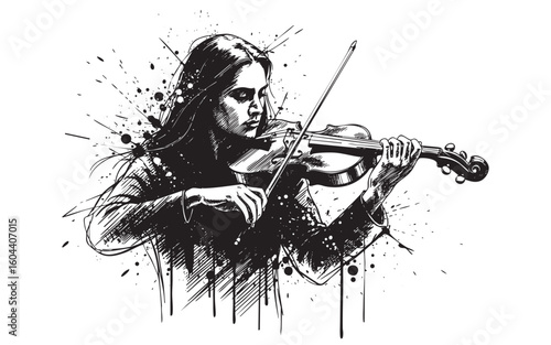 female violin player sketch engraving vector illustration