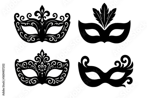 Set of black silhouette masquerade masks. Vector illustration for carnival, festival, or party. Ornate Venetian face disguise for mystery, theater, and costume events.