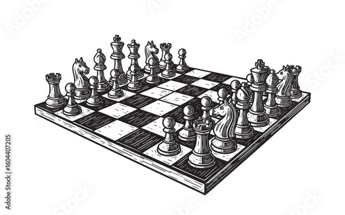 chess board woodcut engraving vector illustration