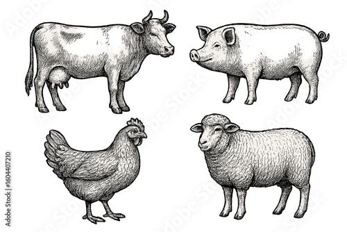 Farm animals set vector illustration. Cow, pig, chicken, sheep collection. Hand drawn sketch, vintage engraving style. Livestock and agriculture concept design elements.