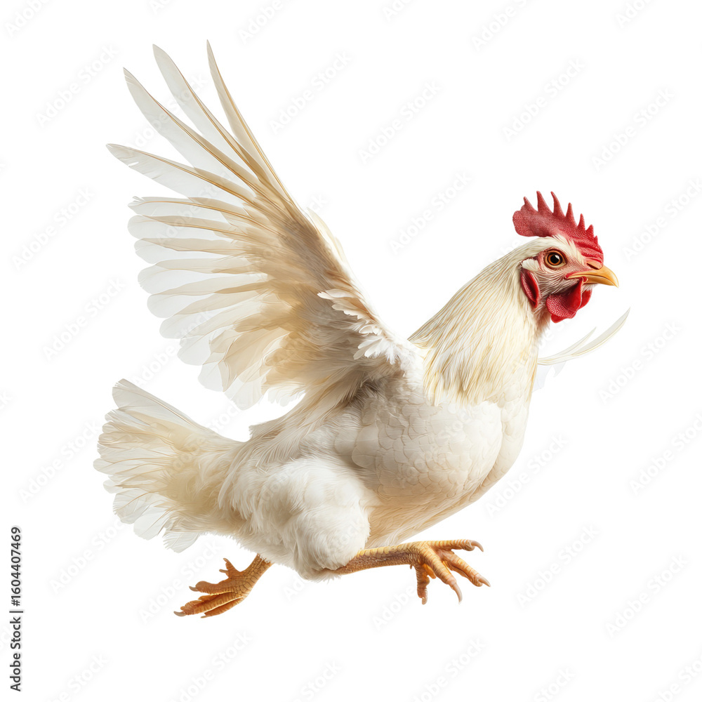 Fototapeta premium Chicken flying, full-body, isolated on a white background, transparent, alpha background png