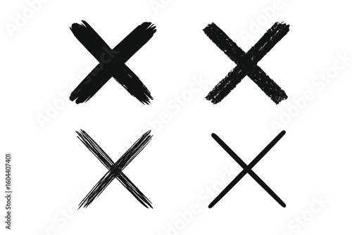 Hand-drawn X mark collection vector set. Grunge, sketch, and brush stroke cross signs. Wrong, no, reject, and close symbol icon. Error, delete, or cancellation mark.